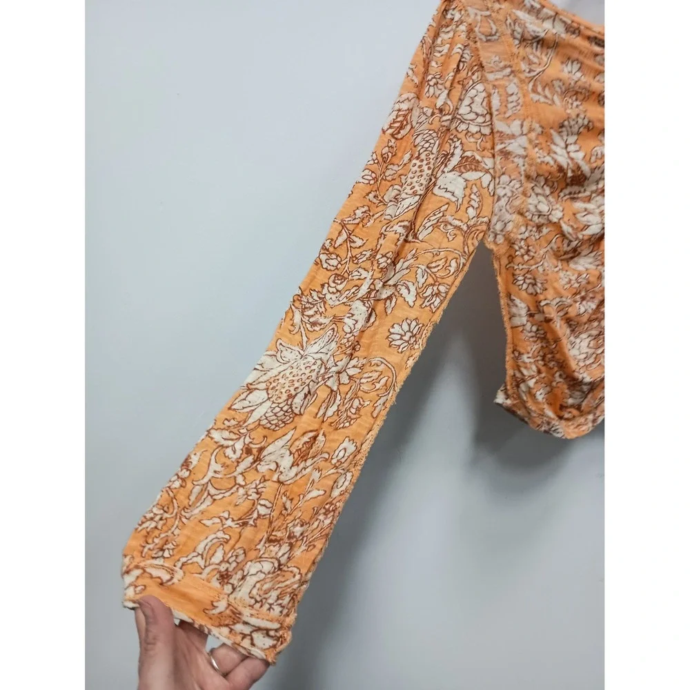 Free People Say The Word Top Womens Medium Orange Floral‎ Ruched Boho V-Neck